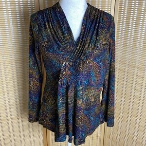 🔷Rafaella Geometric Multi-Colored V-Neck Pleated Dotted Stretch Long Sleeve